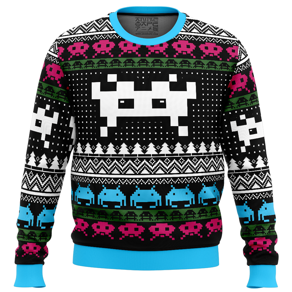 Christmas Space Invaders Ugly Christmas Sweater FRONT mockup - Pac Man Shop